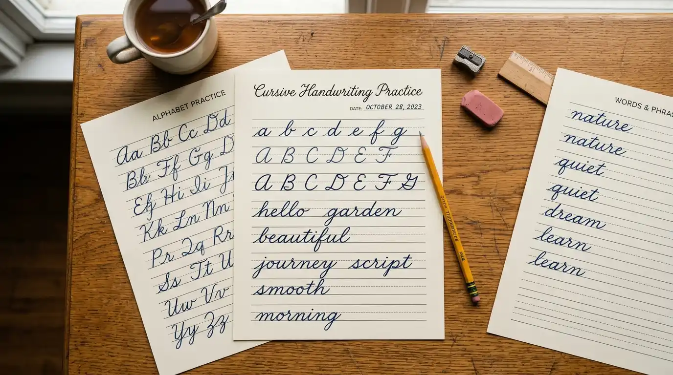 free printable cursive handwriting practice sheets on desk